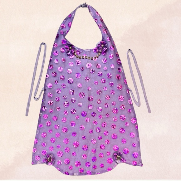Handmade‎ Hostess Apron Purple Sequin Print Tie Back Faux Gold Bead Necklace OS - Picture 9 of 12